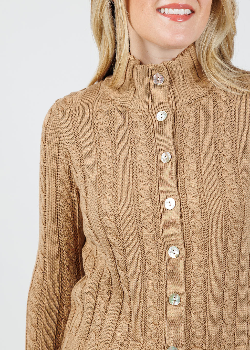 Hinson Wu Charlie Cable Long Sleeve Cardigan in Cappuccino available at Barbara Katz