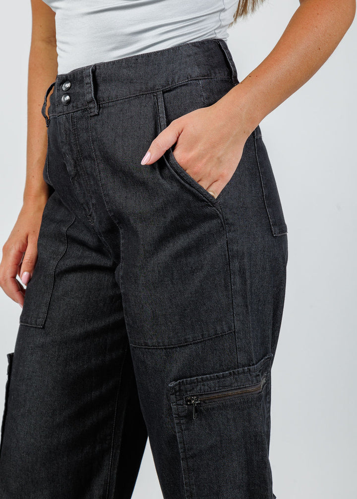 Hinson Wu Danni Denim Cargo Pants in Black Wash available at Barbara Katz