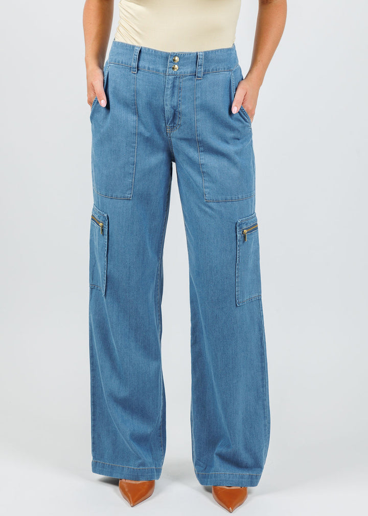 Hinson Wu Danni Denim Cargo Pants in Medium Wash available at Barbara Katz