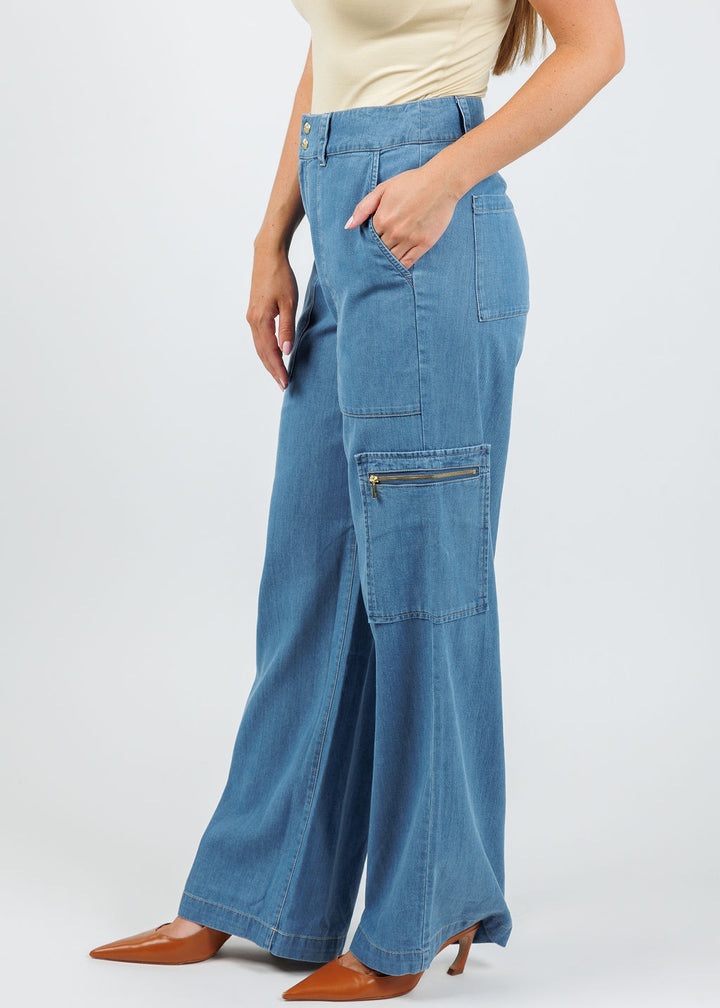 Hinson Wu Danni Denim Cargo Pants in Medium Wash available at Barbara Katz
