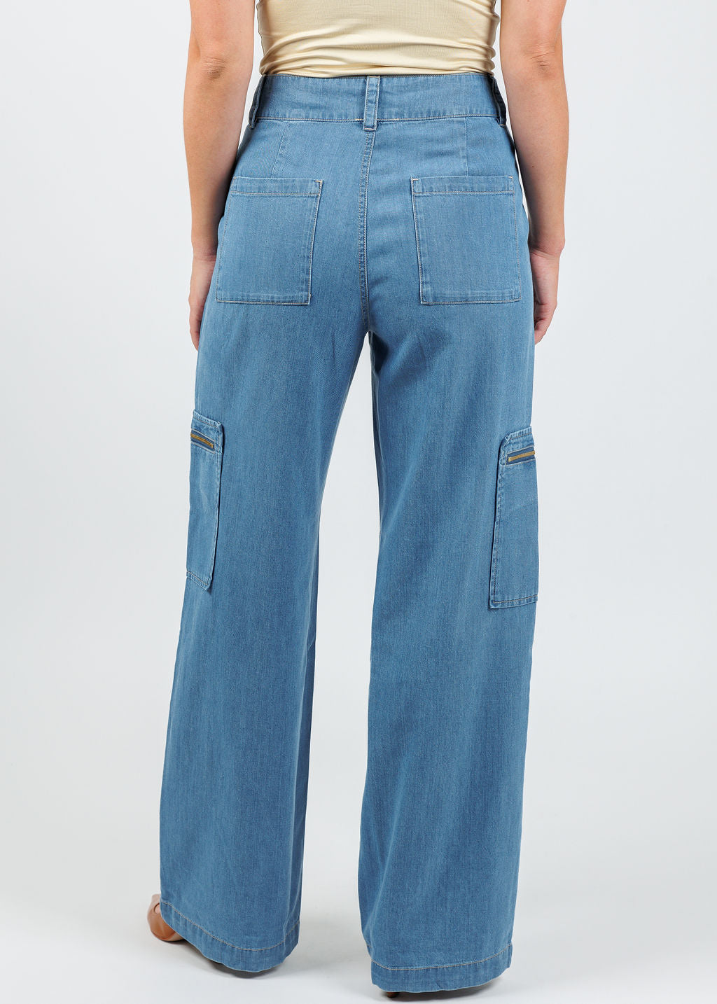 Hinson Wu Danni Denim Cargo Pants in Medium Wash available at Barbara Katz