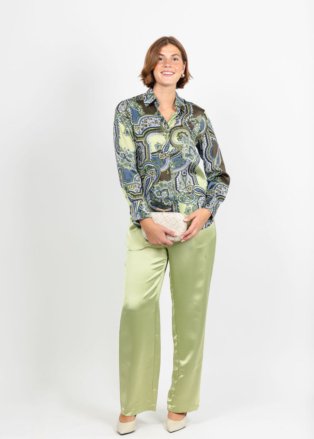 Hinson Wu Margot Long Sleeve Opulent Paisley Shirt in Olive paired with Hostess Liquid Satin Pant in Pistachio available at Barbara Katz