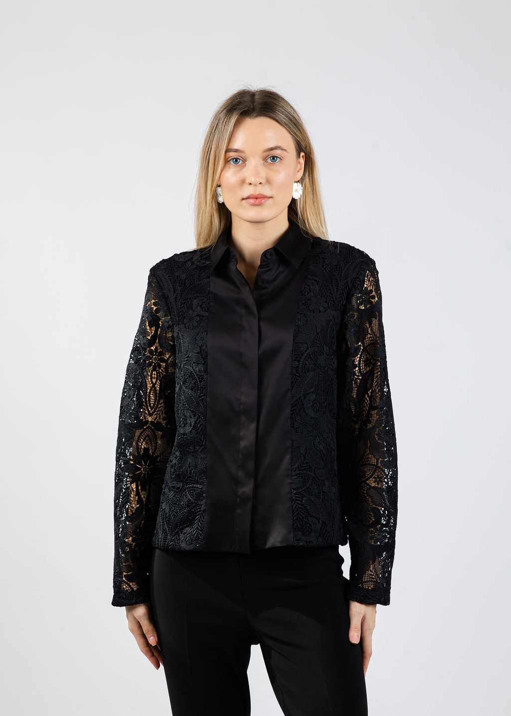 Hinson Wu Joanne Lace Long Sleeve Shirt in Black available at Barbara Katz