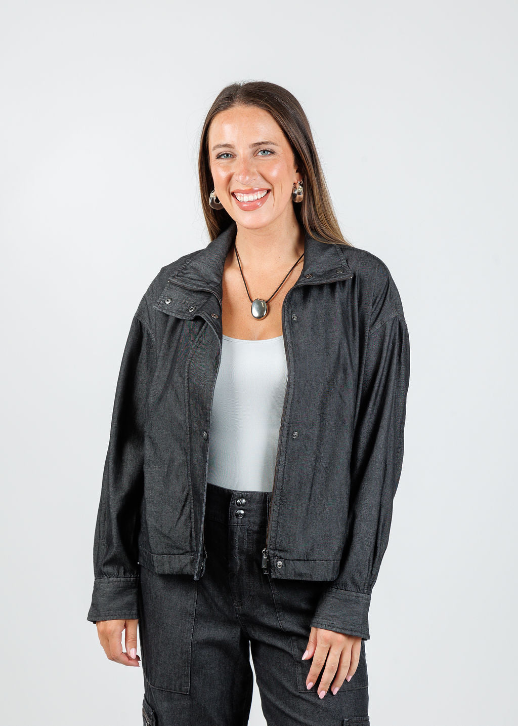 Hinson Wu Louise Long Sleeve Denim Jacket in Black Wash with A'Nue The Classic Micro Tank Top underneath available at Barbara Katz
