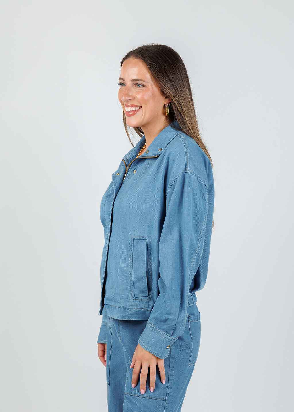 Hinson Wu Louise Long Sleeve Denim Jacket in Medium Wash available at Barbara Katz