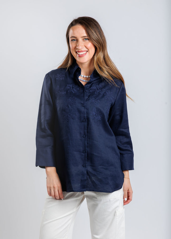 Hinson Wu Margot 3/4 Sleeve Shirt in Navy available at Barbara Katz