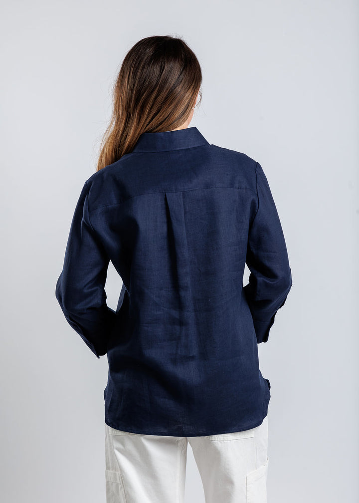 Hinson Wu Margot 3/4 Sleeve Shirt in Navy available at Barbara Katz
