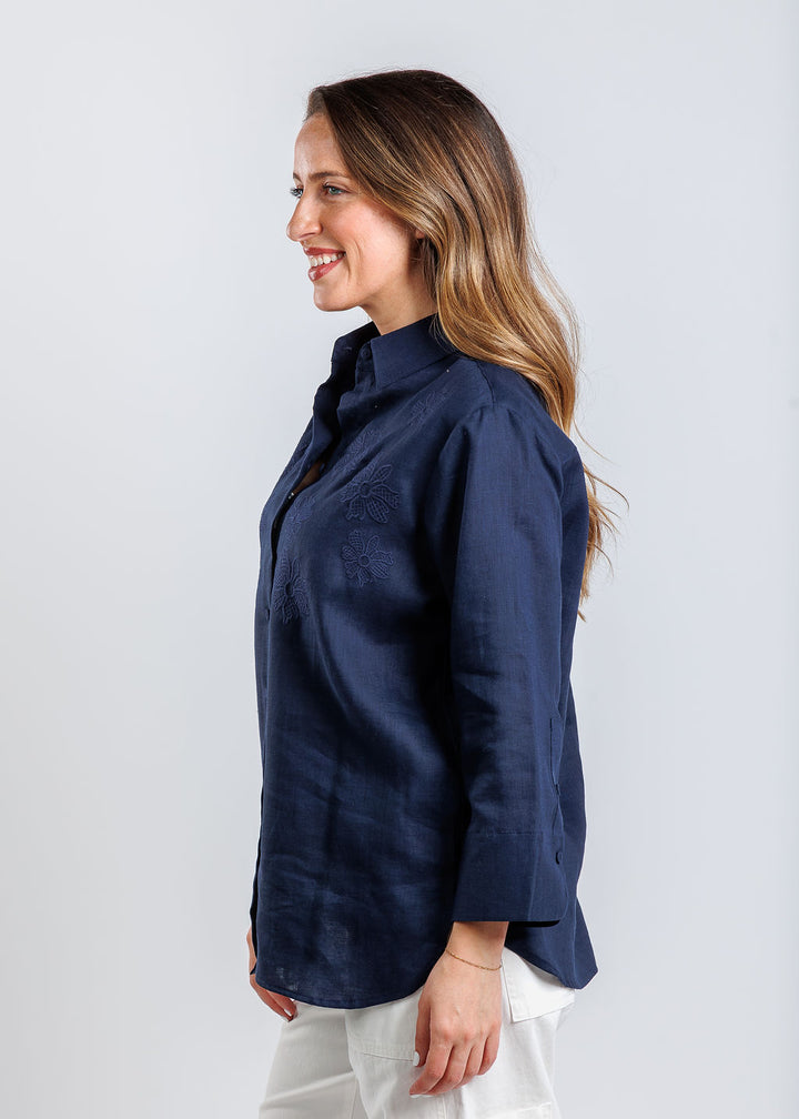 Hinson Wu Margot 3/4 Sleeve Shirt in Navy available at Barbara Katz