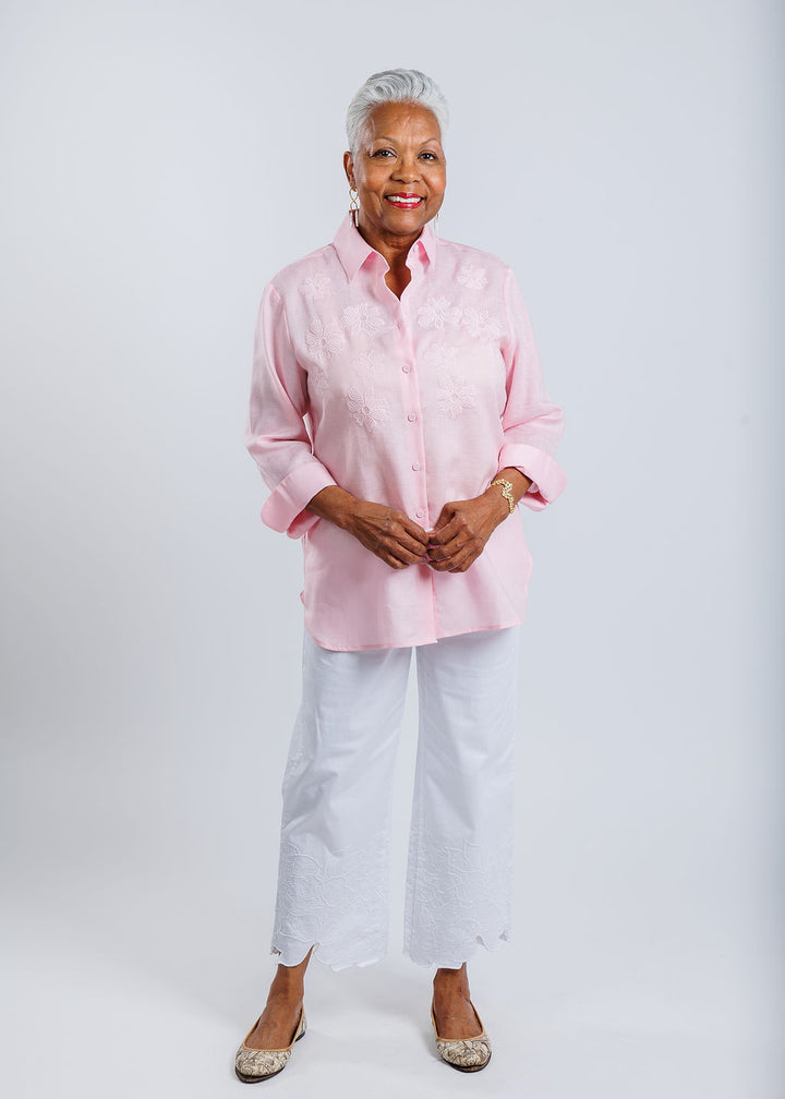 Hinson Wu Margot 3/4 Sleeve Shirt in Pink paired with MAC Chiara Flower Hem Crop Pants in White available at Barbara Katz