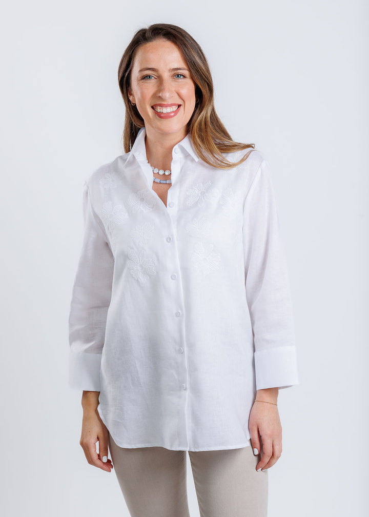Hinson Wu Margot 3/4 Sleeve Shirt in White available at Barbara Katz