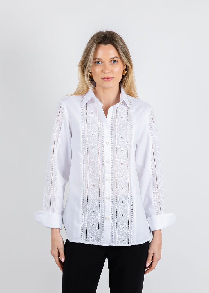 Hinson Wu Margot Long Sleeve Lace Trim Linen Shirt in White available at Barbara Katz