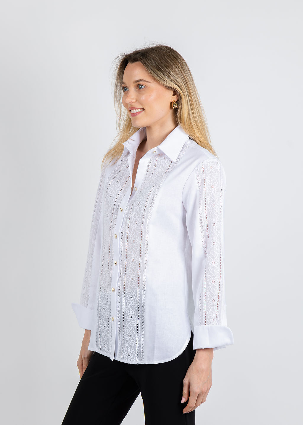Hinson Wu Margot Long Sleeve Lace Trim Linen Shirt in White available at Barbara Katz