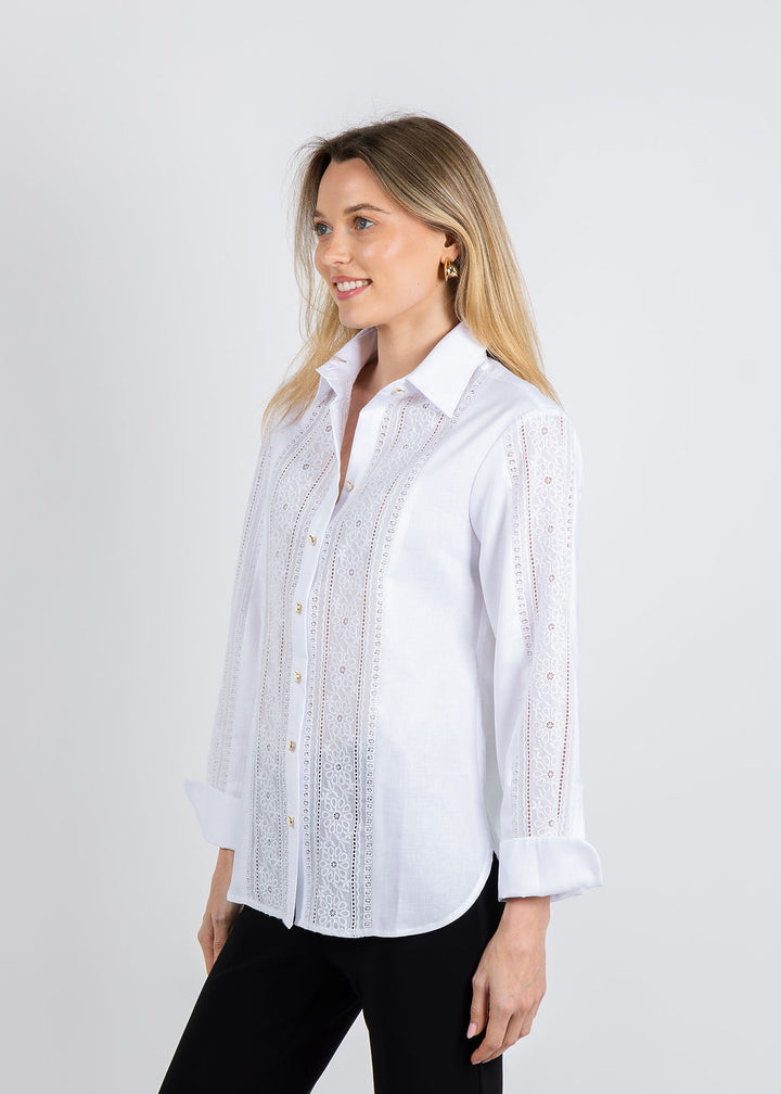 Hinson Wu Margot Long Sleeve Lace Trim Linen Shirt in White available at Barbara Katz