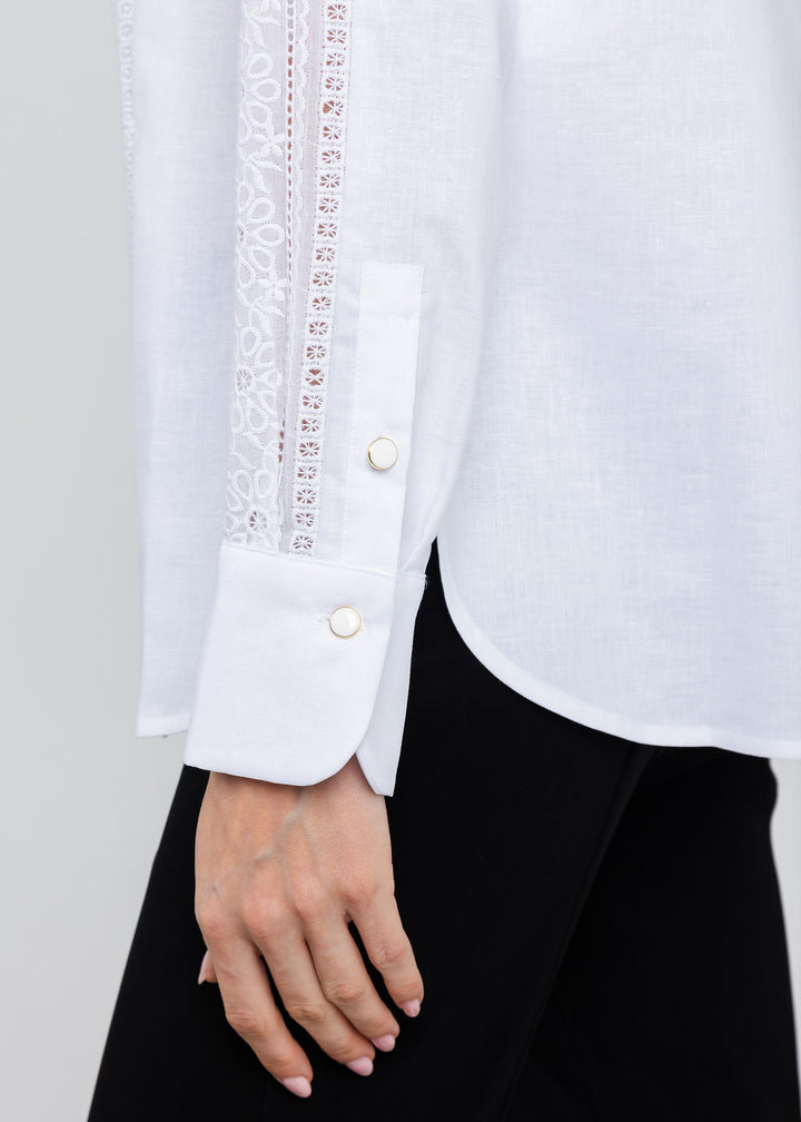 Hinson Wu Margot Long Sleeve Lace Trim Linen Shirt in White available at Barbara Katz