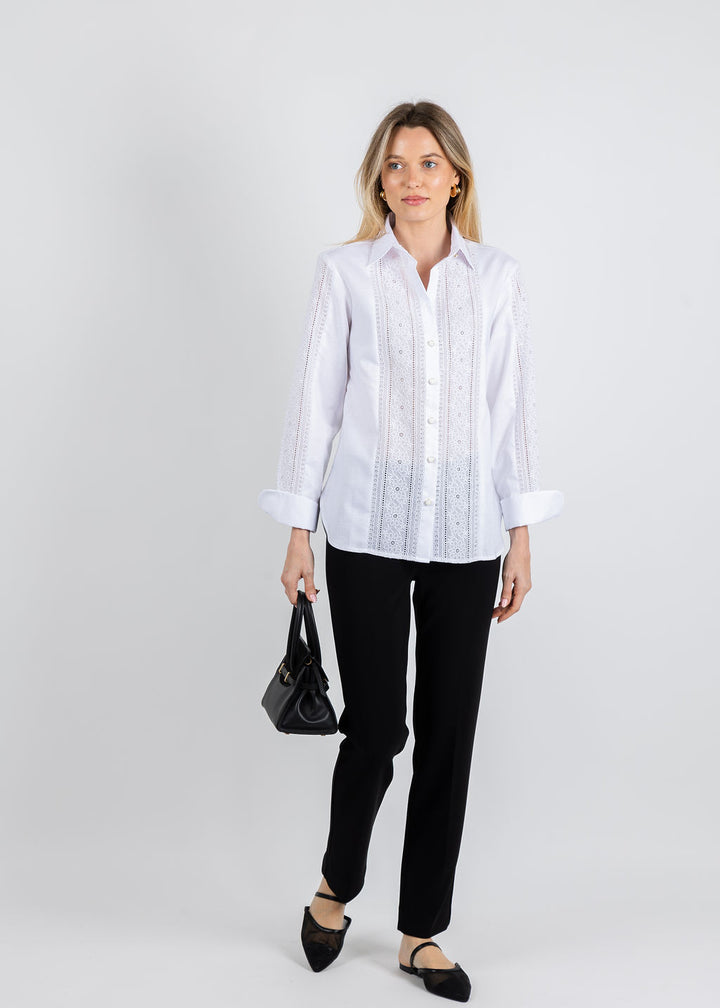 Hinson Wu Margot Long Sleeve Lace Trim Linen Shirt in White available at Barbara Katz