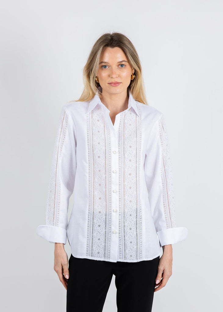 Hinson Wu Margot Long Sleeve Lace Trim Linen Shirt - White