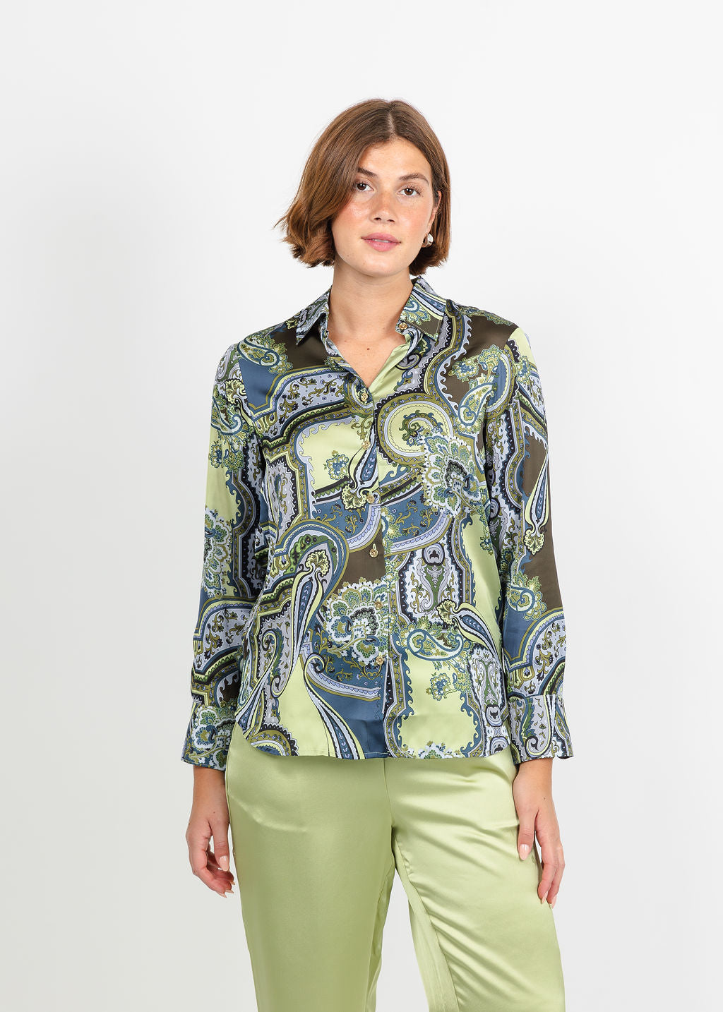 Hinson Wu Margot Long Sleeve Opulent Paisley Shirt in Olive available at Barbara Katz