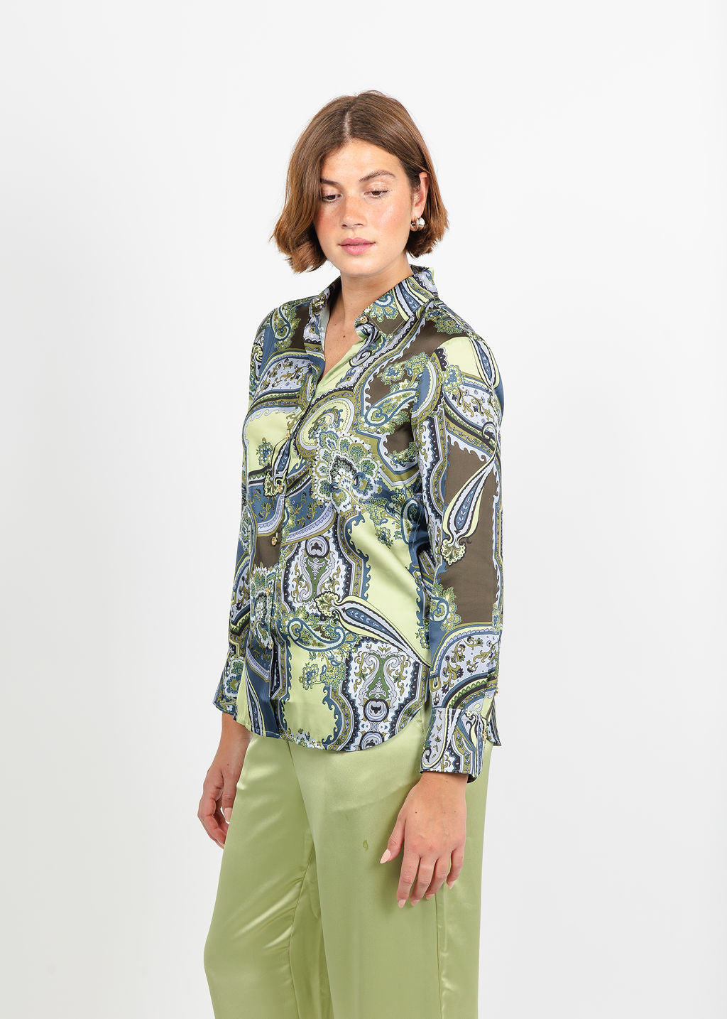 Hinson Wu Margot Long Sleeve Opulent Paisley Shirt in Olive available at Barbara Katz