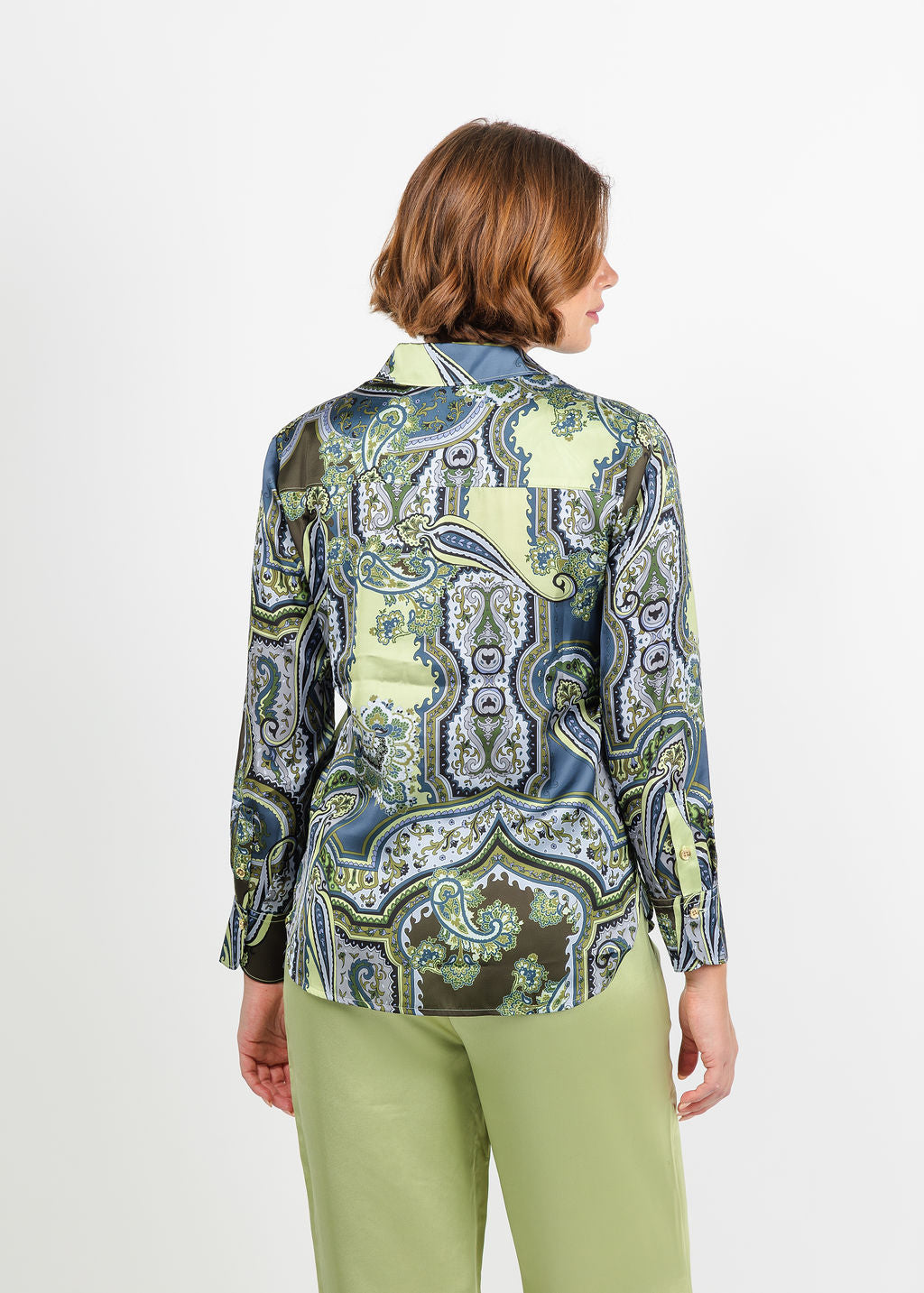 Hinson Wu Margot Long Sleeve Opulent Paisley Shirt in Olive available at Barbara Katz