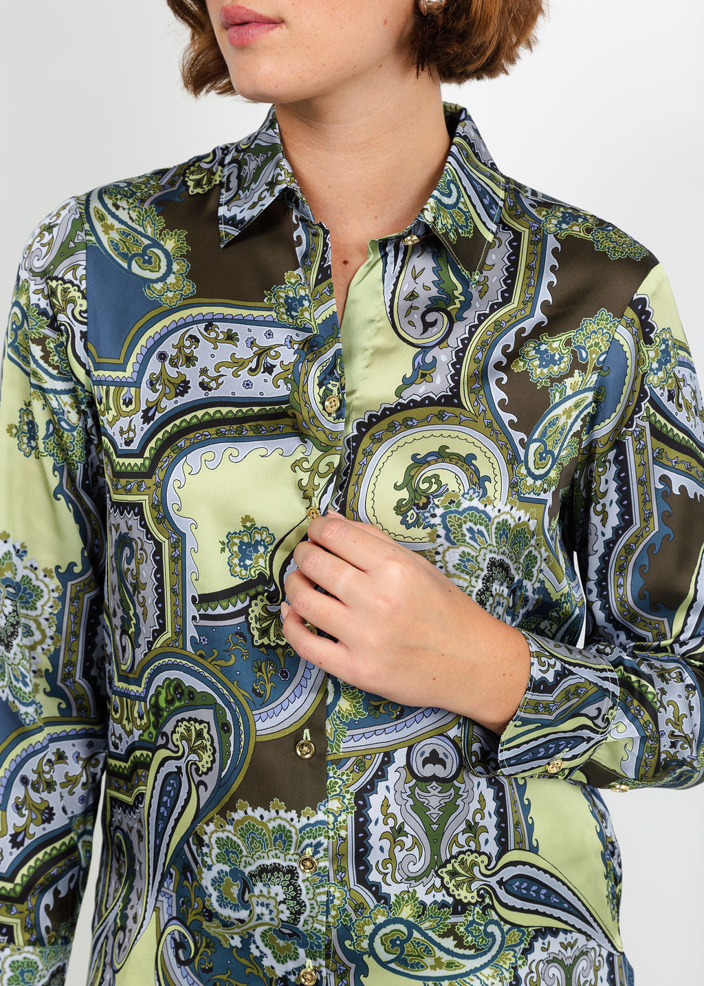 Hinson Wu Margot Long Sleeve Opulent Paisley Shirt in Olive available at Barbara Katz