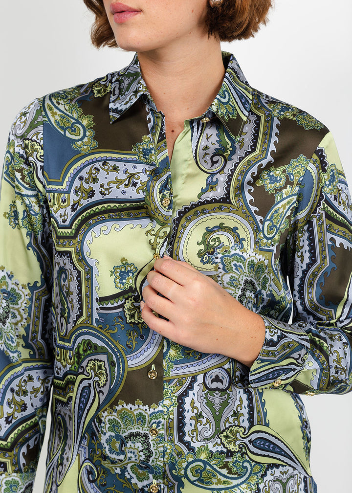 Hinson Wu Margot Long Sleeve Opulent Paisley Shirt in Olive available at Barbara Katz