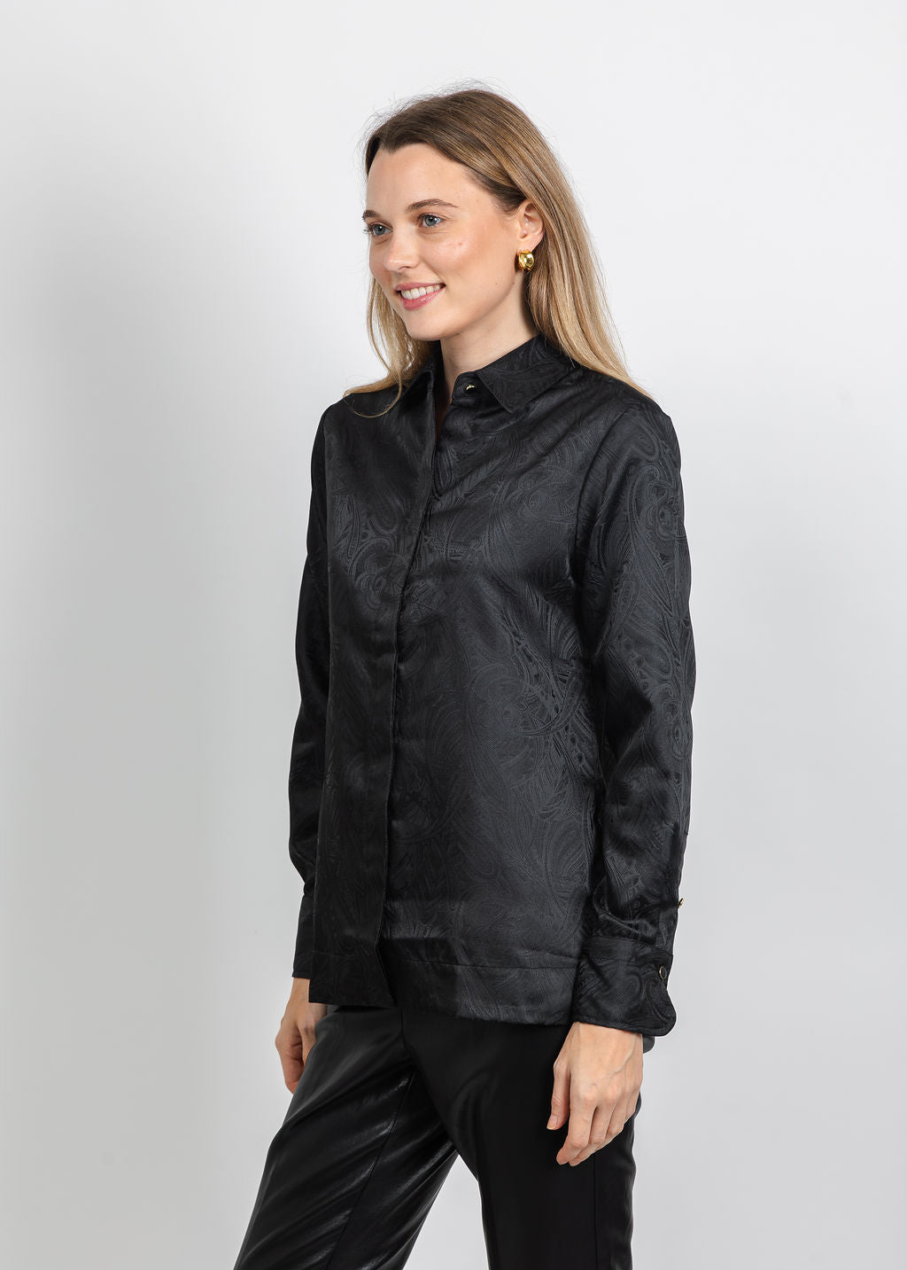 Hinson Wu Margot Long Sleeve Paisley Jacquard Shirt in Black available at Barbara Katz