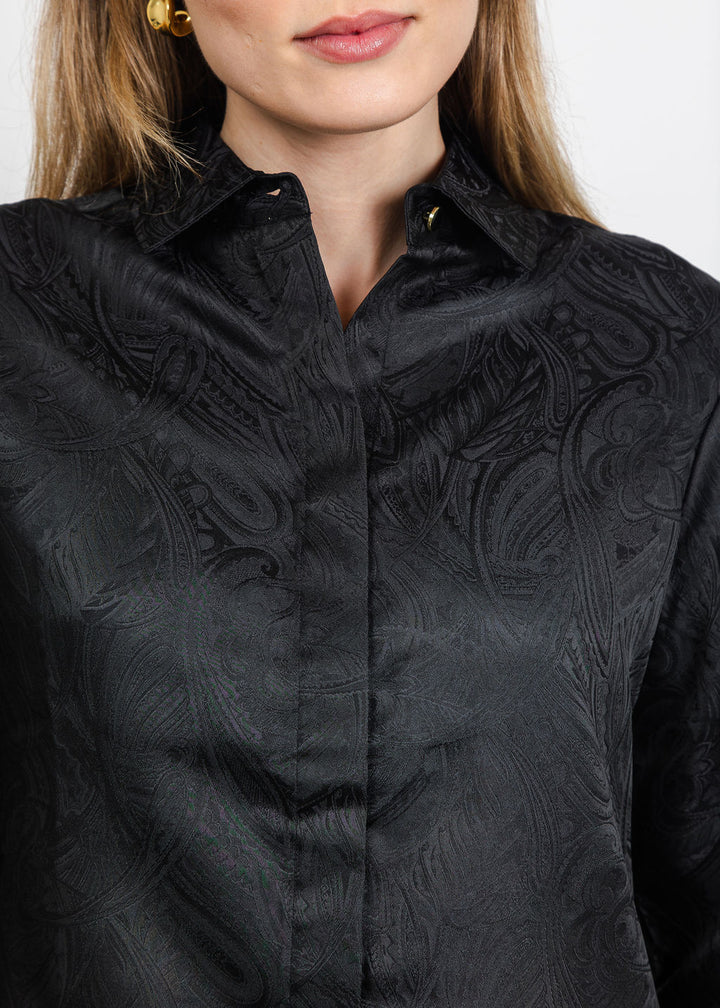 Hinson Wu Margot Long Sleeve Paisley Jacquard Shirt in Black available at Barbara Katz