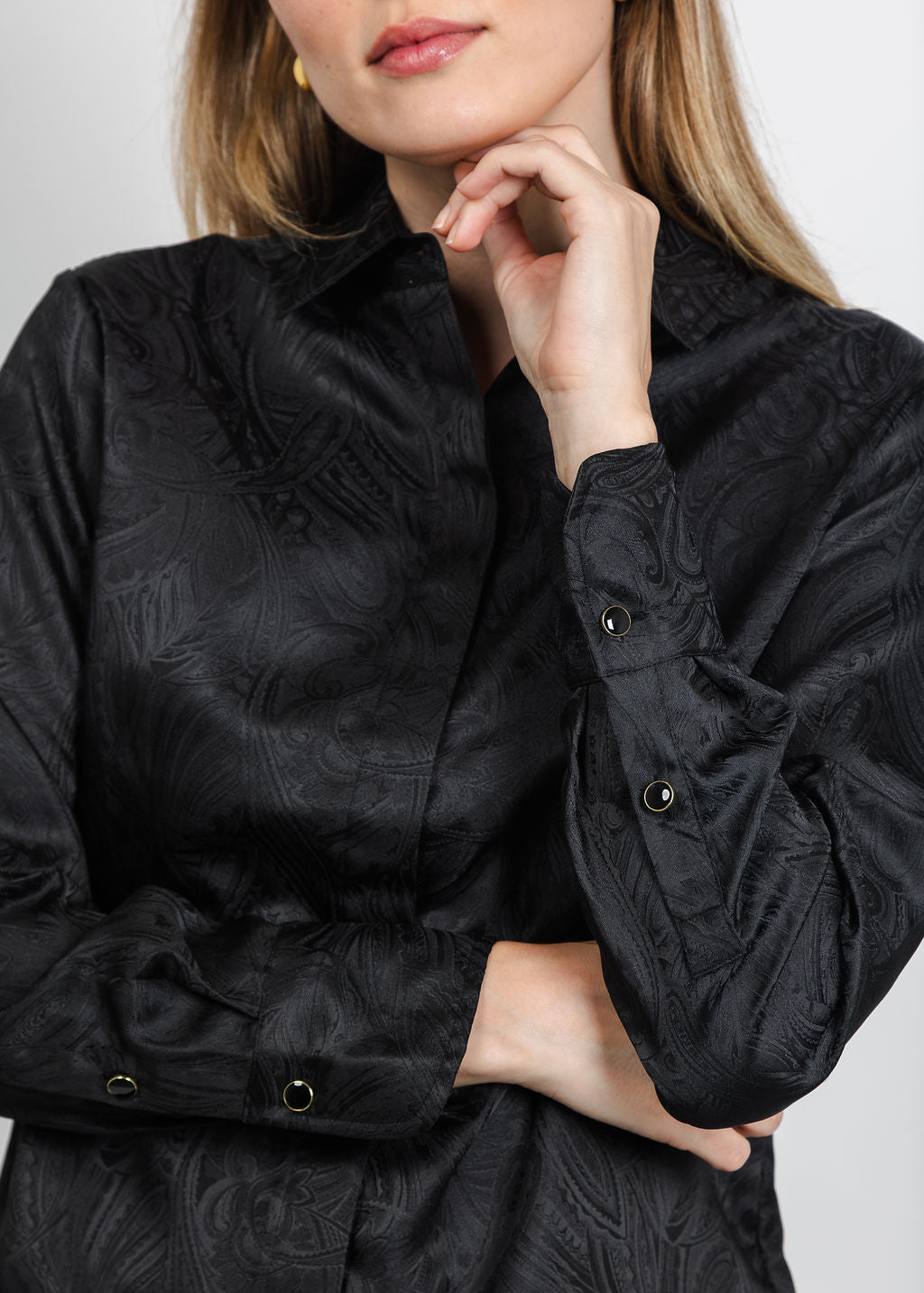 Hinson Wu Margot Long Sleeve Paisley Jacquard Shirt in Black available at Barbara Katz