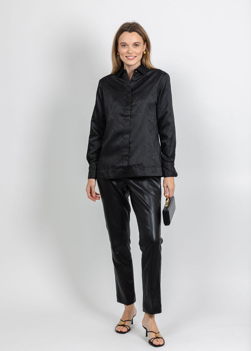 Hinson Wu Margot Long Sleeve Paisley Jacquard Shirt in Black available at Barbara Katz