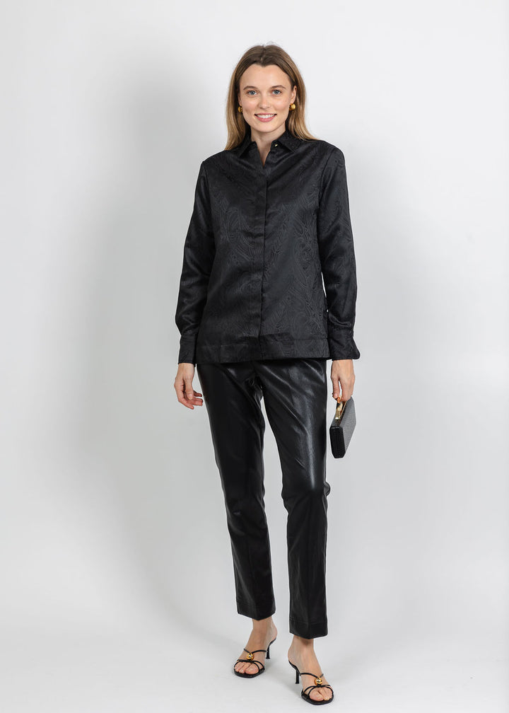 Hinson Wu Margot Long Sleeve Paisley Jacquard Shirt in Black available at Barbara Katz