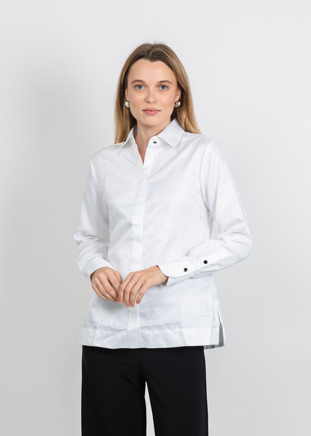 Hinson Wu Margot Long Sleeve Paisley Jacquard Shirt in White available at Barbara Katz