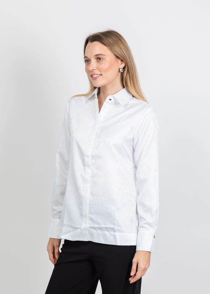 Hinson Wu Margot Long Sleeve Paisley Jacquard Shirt in White available at Barbara Katz