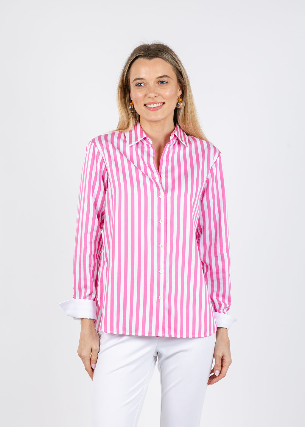Hinson Wu Margot Long Sleeve Stripe Shirt in Guava available at Barbara Katz