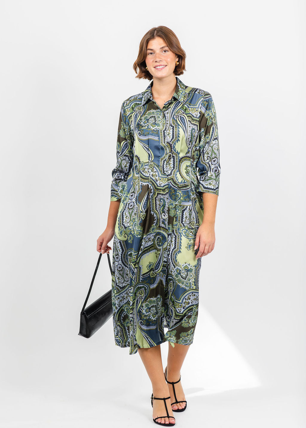 Hinson Wu Martina 3/4 Sleeve Opulent Paisley Dress in Olive available at Barbara Katz