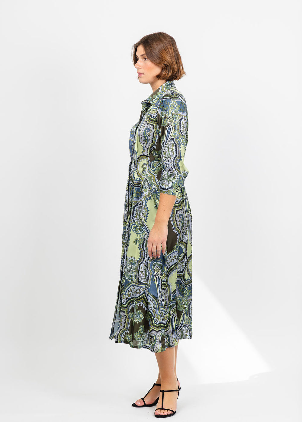 Hinson Wu Martina 3/4 Sleeve Opulent Paisley Dress in Olive available at Barbara Katz