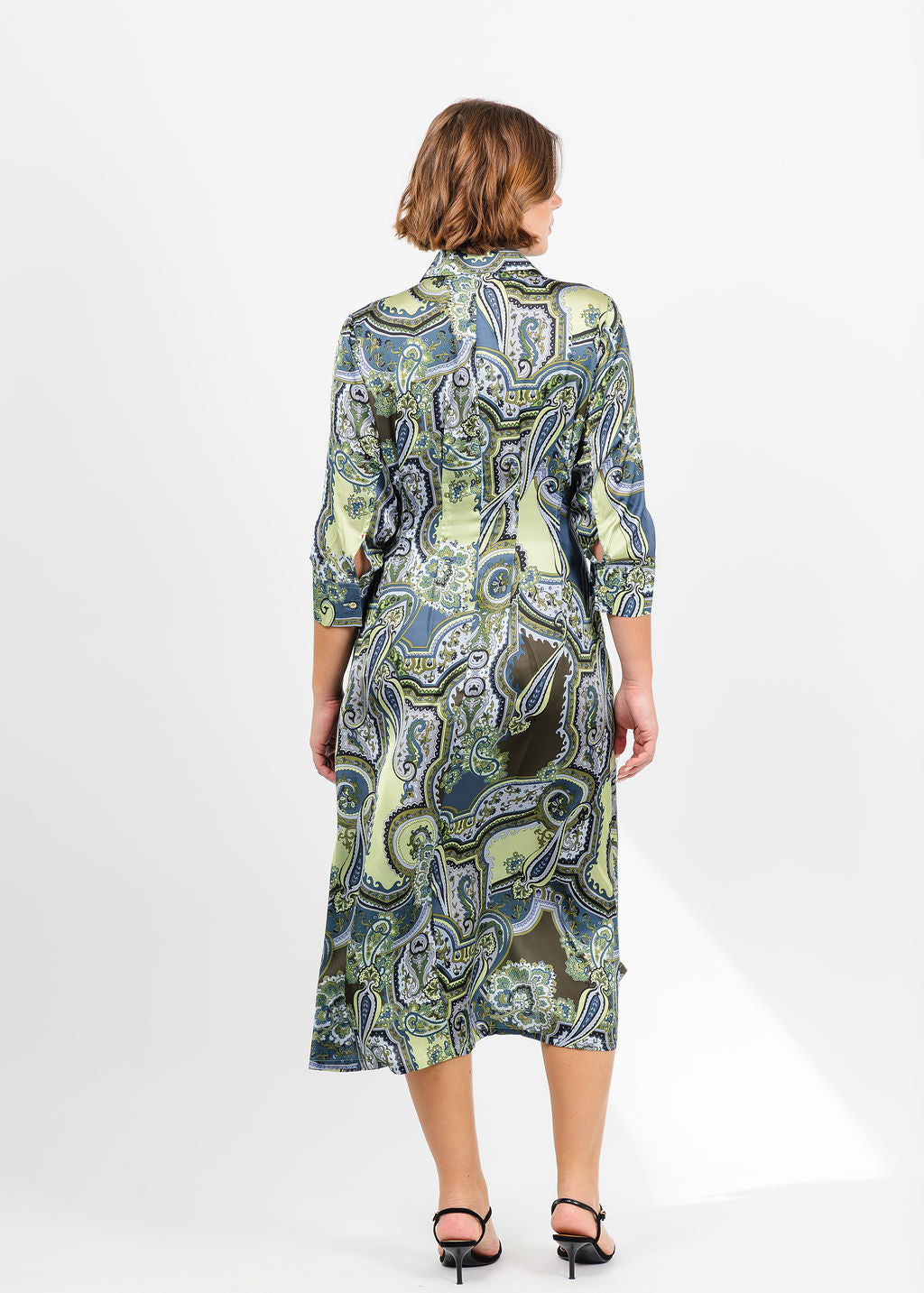Hinson Wu Martina 3/4 Sleeve Opulent Paisley Dress in Olive available at Barbara Katz