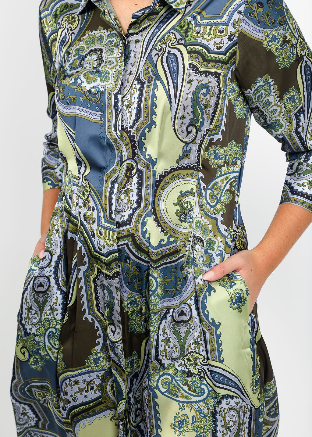 Hinson Wu Martina 3/4 Sleeve Opulent Paisley Dress in Olive available at Barbara Katz