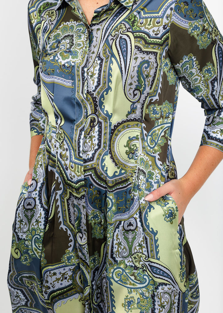 Hinson Wu Martina 3/4 Sleeve Opulent Paisley Dress in Olive available at Barbara Katz