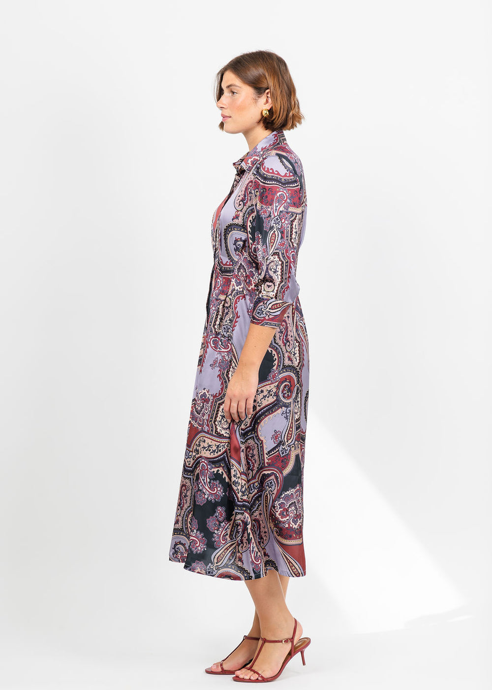 Hinson Wu Martina 3/4 Sleeve Opulent Paisley Dress in Plum available at Barbara Katz