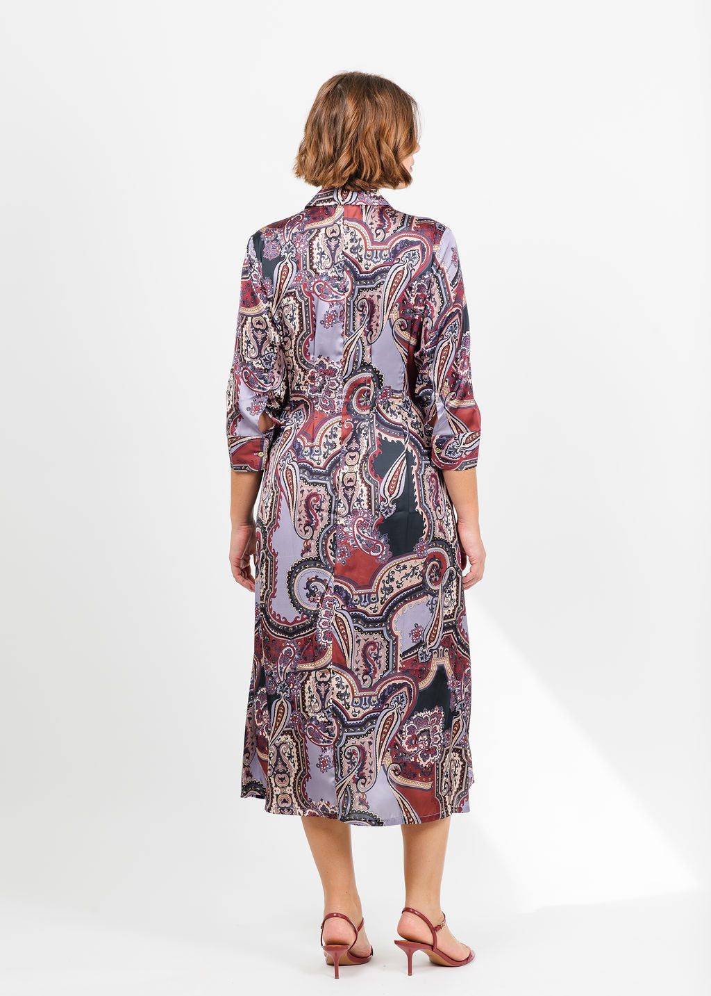 Hinson Wu Martina 3/4 Sleeve Opulent Paisley Dress in Plum available at Barbara Katz