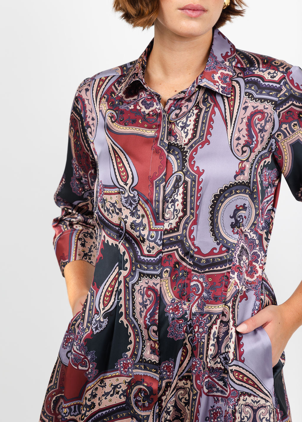 Hinson Wu Martina 3/4 Sleeve Opulent Paisley Dress in Plum available at Barbara Katz