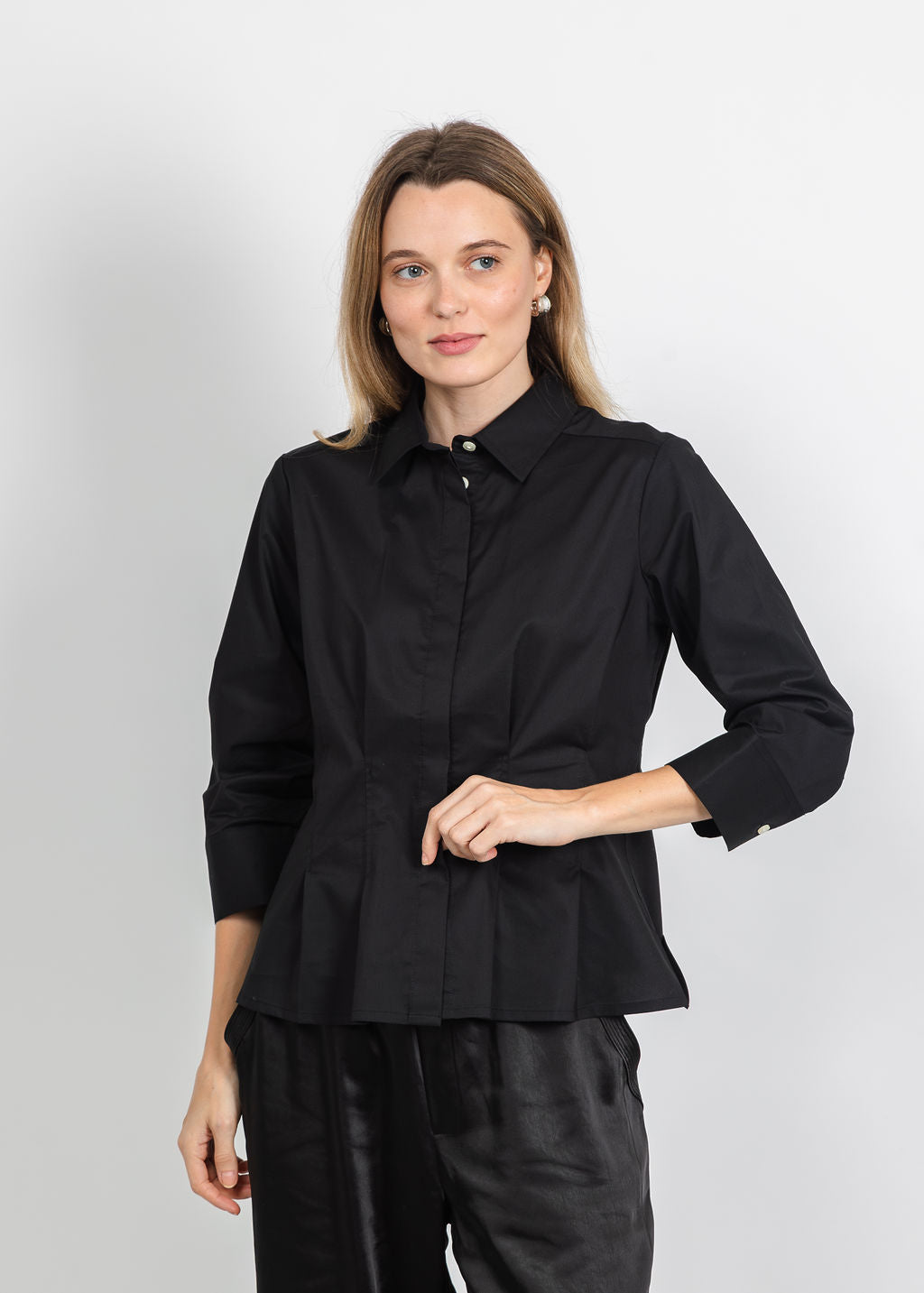 Hinson Wu Martina 3/4 Sleeve Shirt in Black available at Barbara Katz