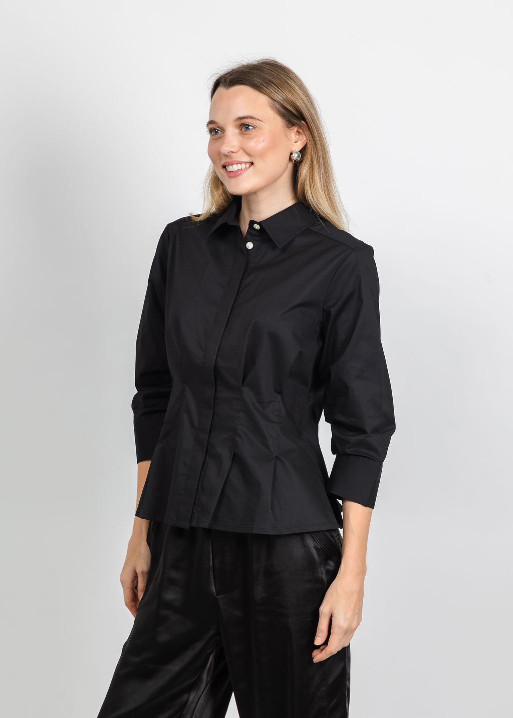 Hinson Wu Martina 3/4 Sleeve Shirt in Black available at Barbara Katz