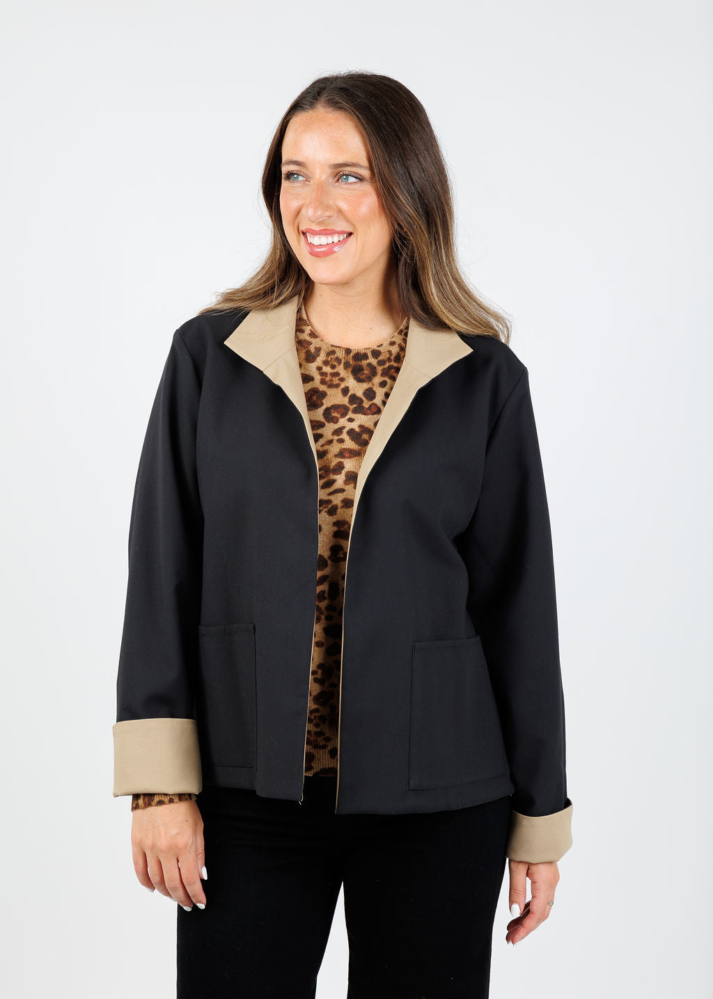 Hinson Wu Molly Long Sleeve Reversible Jacket in Black/Khaki with Kinross Marisa Leopard Crew Sweater in Camel Multi underneath available at Barbara Katz
