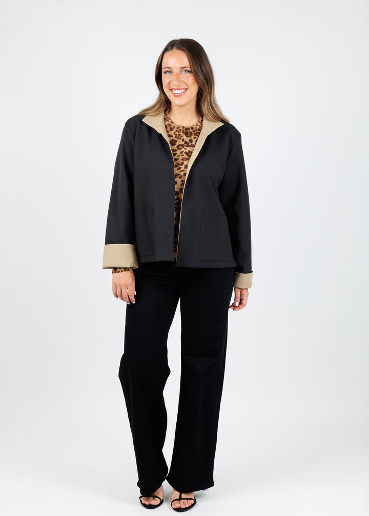 Hinson Wu Molly Long Sleeve Reversible Jacket in Black/Khaki with Kinross Marisa Leopard Crew Sweater in Camel Multi underneath available at Barbara Katz