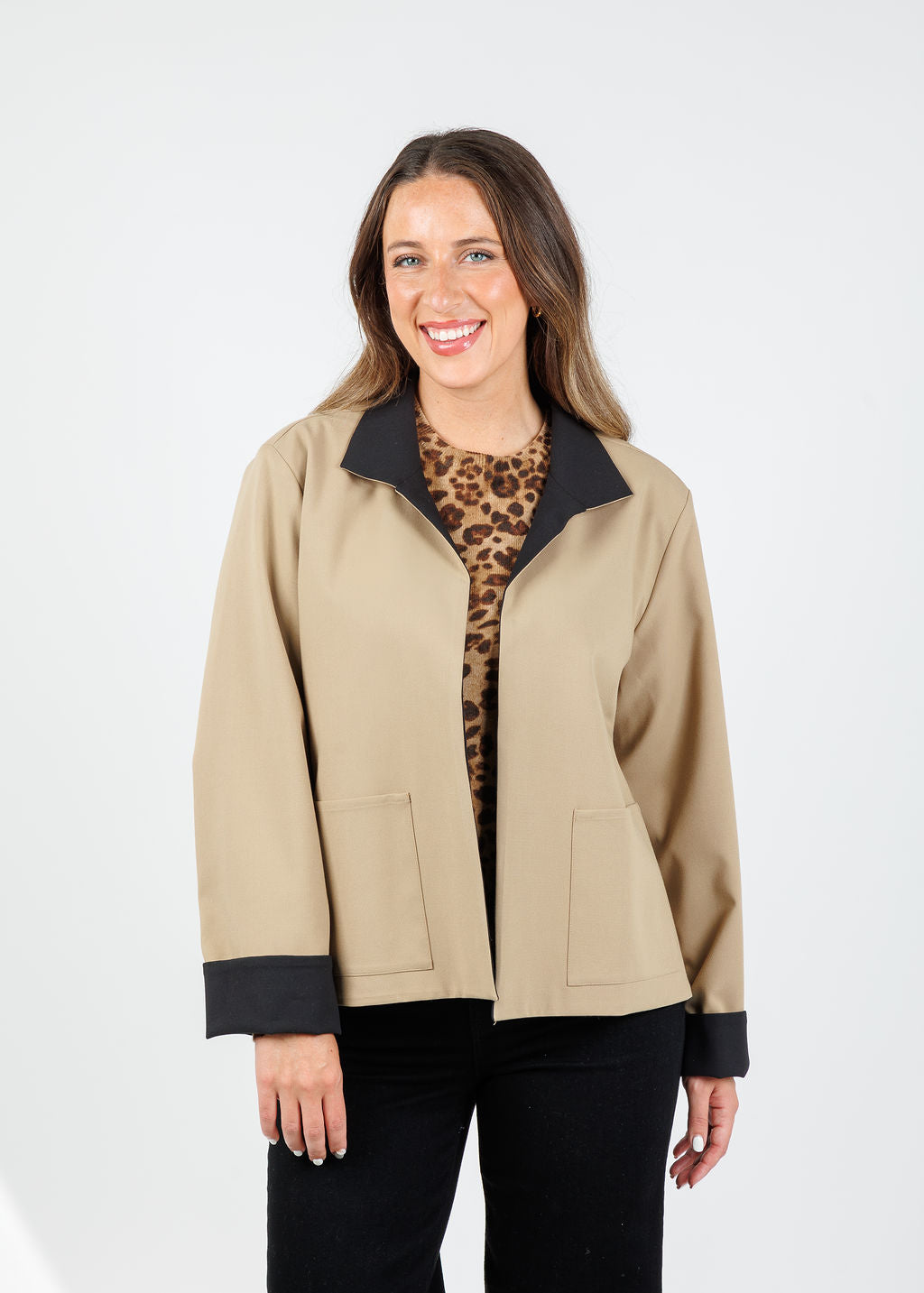 Hinson Wu Molly Long Sleeve Reversible Jacket in Khaki/Black with Kinross Marisa Leopard Crew Sweater in Camel Multi underneath available at Barbara Katz