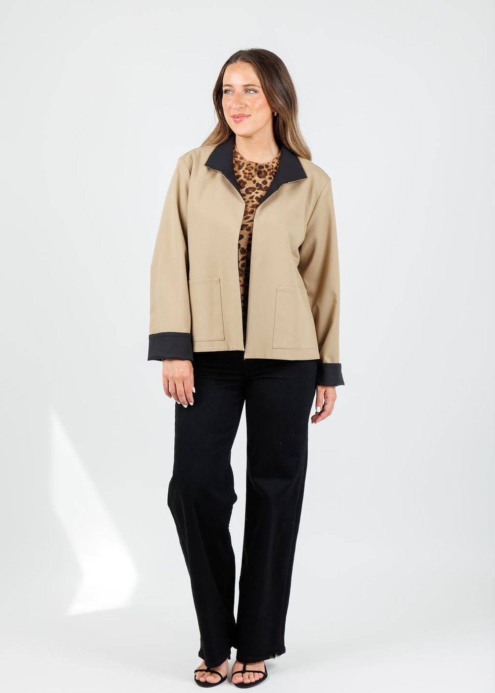 Hinson Wu Molly Long Sleeve Reversible Jacket in Khaki/Black with Kinross Marisa Leopard Crew Sweater in Camel Multi underneath available at Barbara Katz