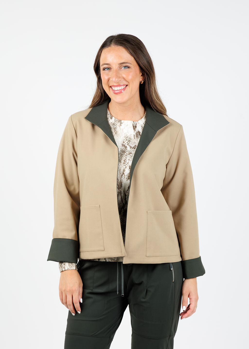 Hinson Wu Molly Long Sleeve Reversible Jacket in Oregano/Khaki available at Barbara Katz