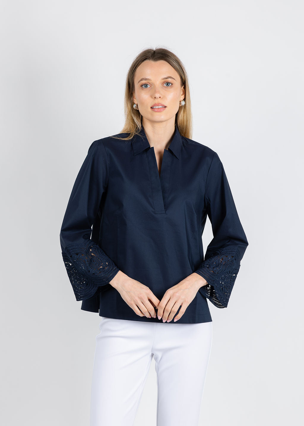 Hinson Wu Mona Bracelet Sleeve Lace Top in Navy available at Barbara Katz