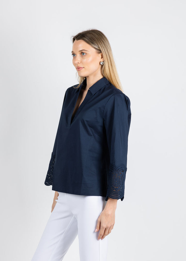 Hinson Wu Mona Bracelet Sleeve Lace Top in Navy available at Barbara Katz